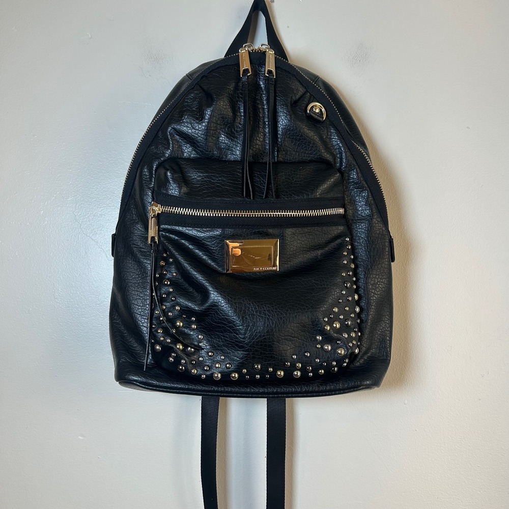Juicy‎ Couture Black Faux Leather Studded Backpack Gold Accents
